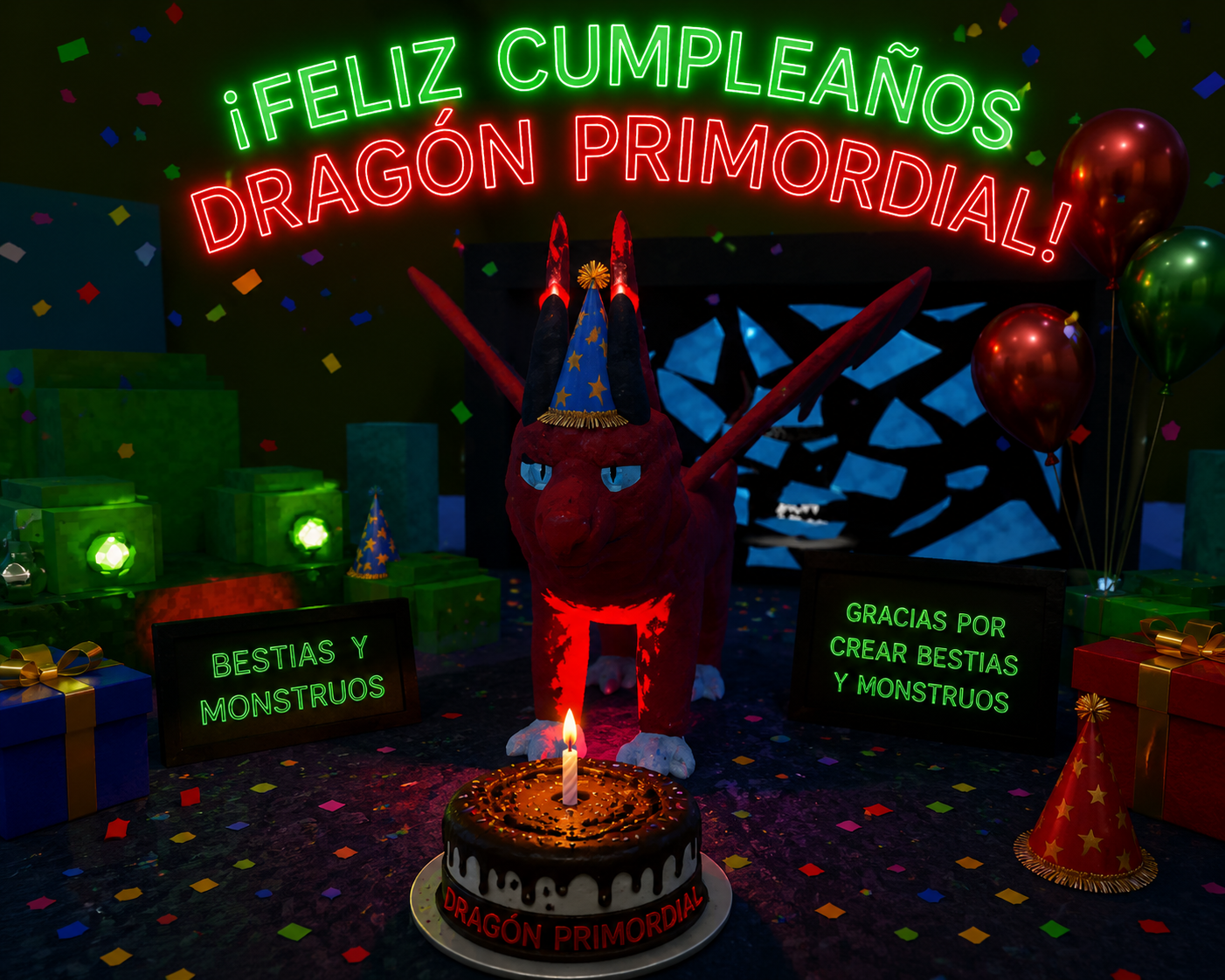 Bestia dragón roja con sombrero de fiesta soplando la vela de un pastel de cumpleaños, rodeada de regalos, globos y carteles de Bestias y Monstruos